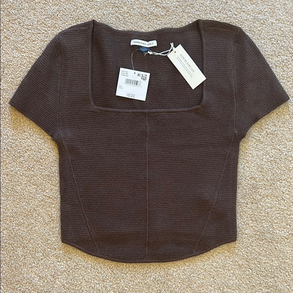 American Eagle Brown Short Sleeve Crop Sweater